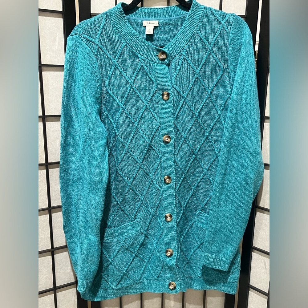 L.L. Bean TIMELESS Turquoise DIAMON Knit Sweater CARDIGAN BUTTON UP FRONT SIZE L
